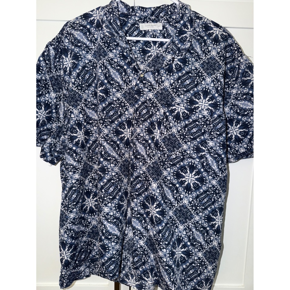 Lucky Brand Mens XXL Blue White Batik Kaleidoscope Short Sleeve Button Shirt